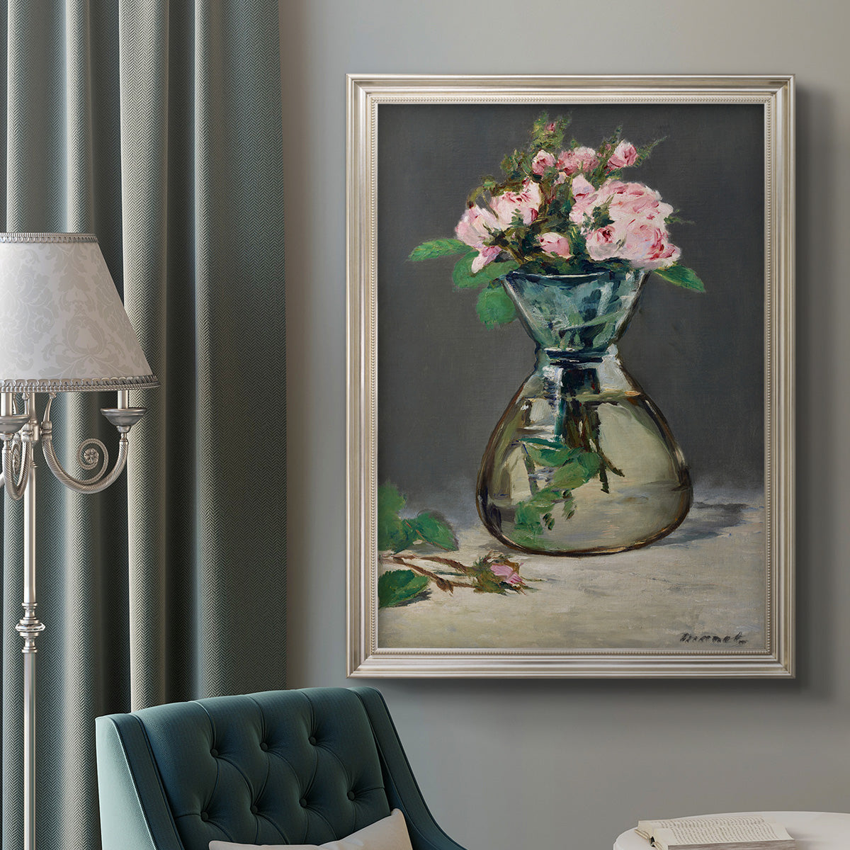 Moss Roses in a Vase - Ornate Framed Canvas Print