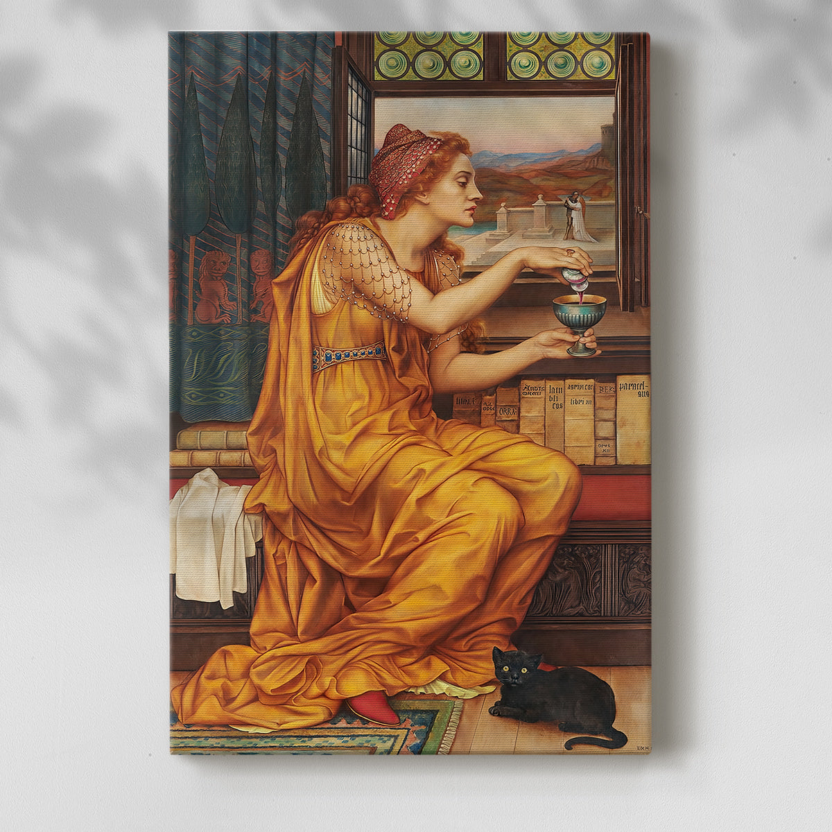 Canvas art print of a figure engaged in ritual with warm tones and detailed surroundings with a soft shadow on a white background.