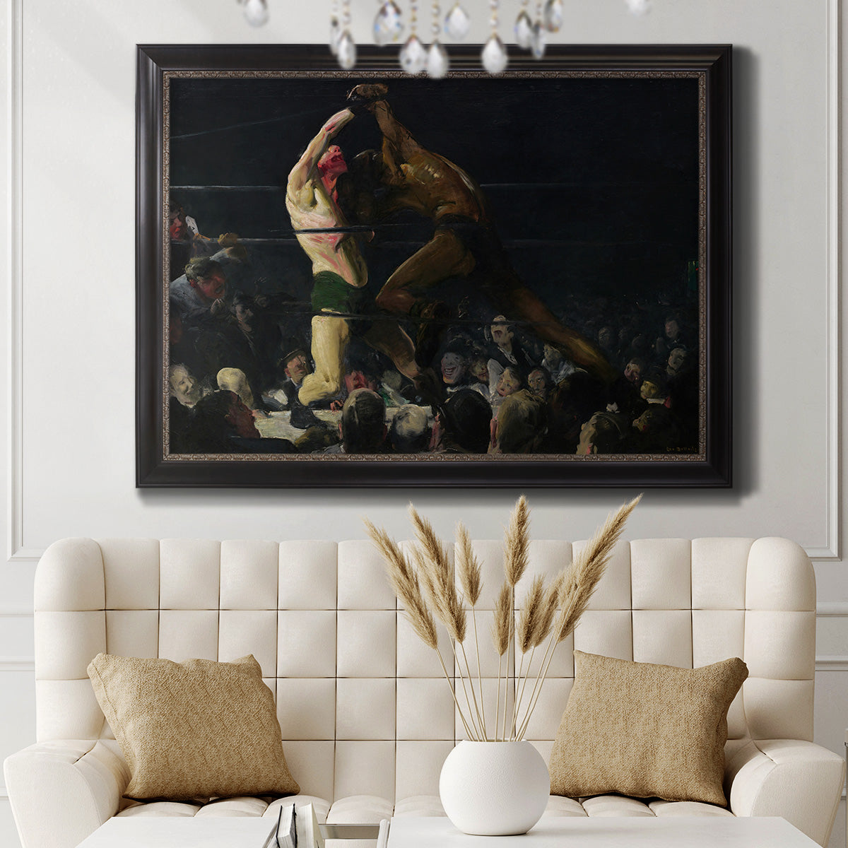 American genre painting of men in a social club by George Bellows in an ornate black frame with gilded inner detail displayed in a neutral-toned interior setting.