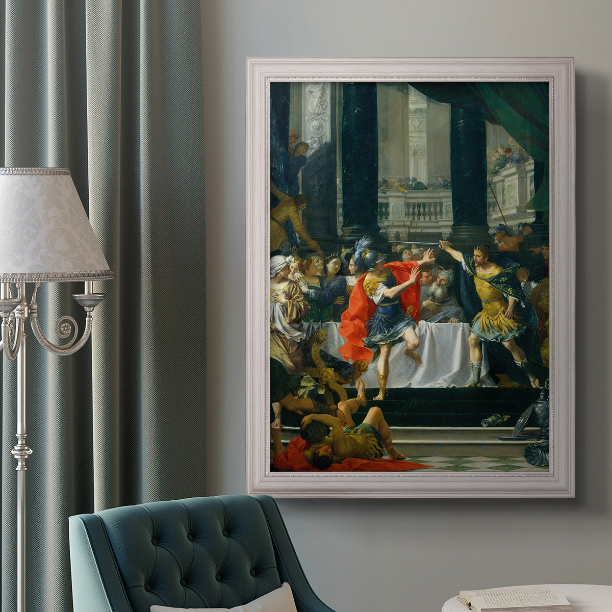 Classical historical painting of Alexander the Great by Donato Creti in an ornate weathered white frame displayed in a neutral interior setting.
