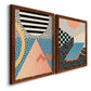 Angled view of a set of two maple barnwood framed canvas prints featuring two retro graphic abstracts featuring bold geometric Memphis-style patterns.