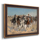 Impressionist western action scene by Frederic Remington printed on canvas in an ornate bronzed mahogany wood frame.