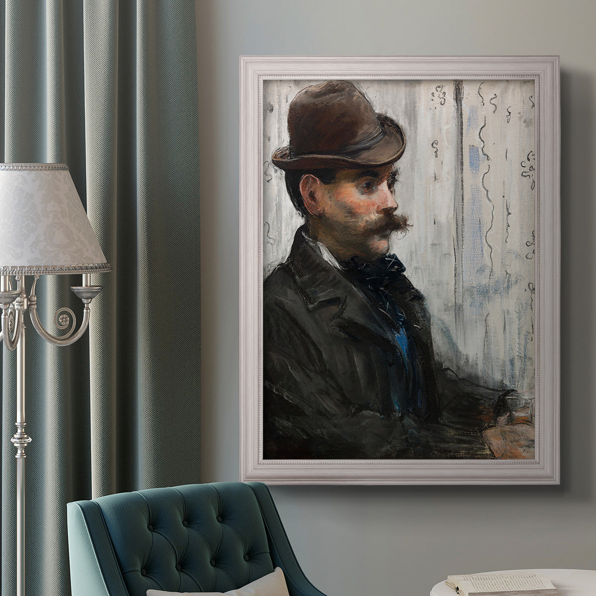 Impressionist portrait of a seated man by Édouard Manet in an ornate weathered white frame displayed in a neutral interior setting.