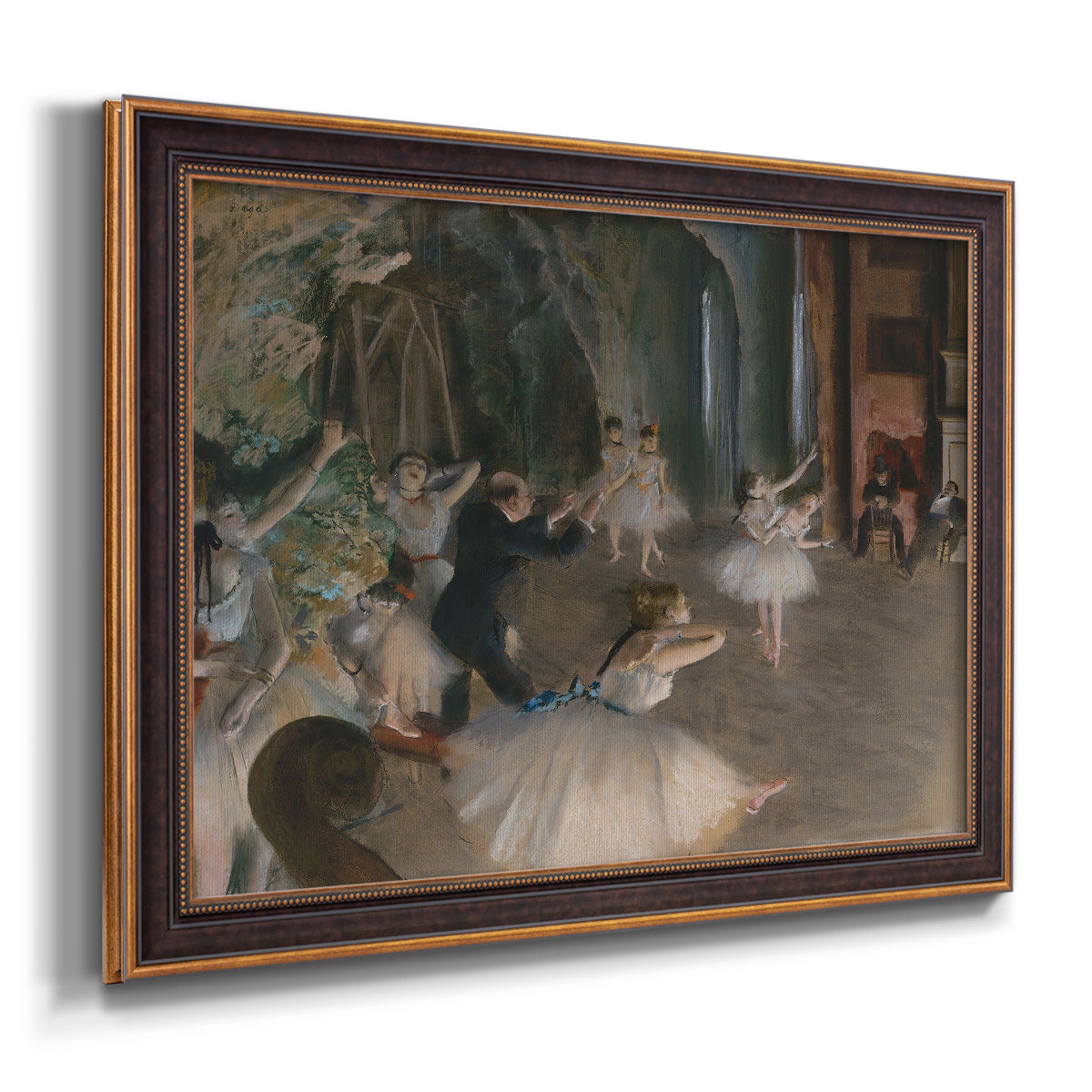 Impressionist backstage ballet scene by Edgar Degas printed on canvas in an ornate bronzed mahogany wood frame.