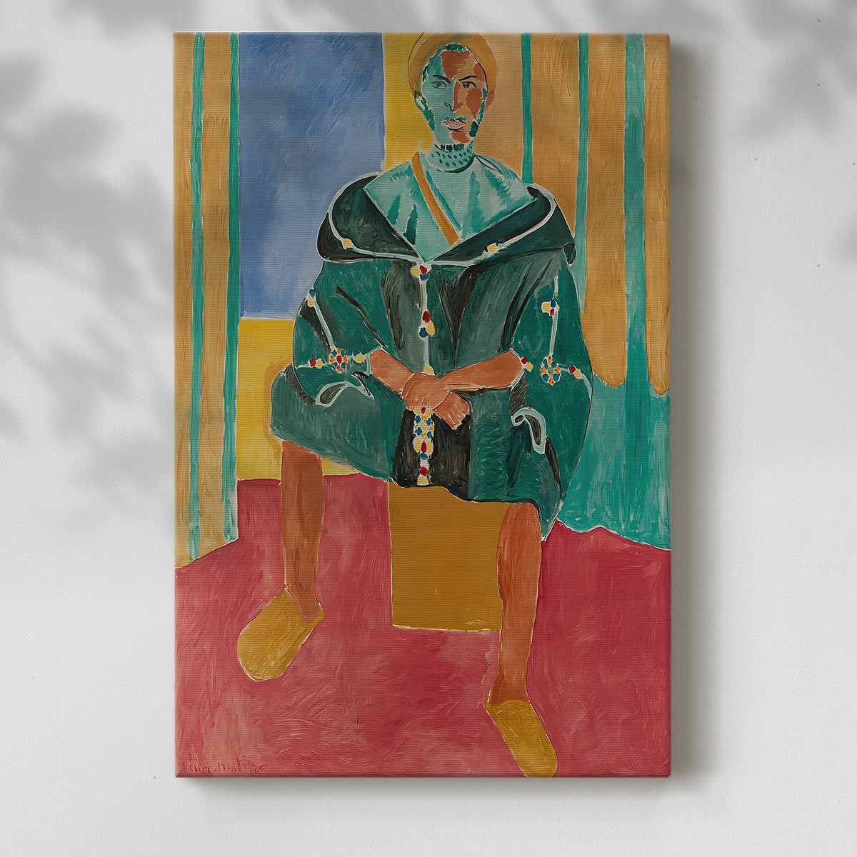 Canvas art print of a figure in traditional attire with bold tones and simple forms with a soft shadow on a white background.