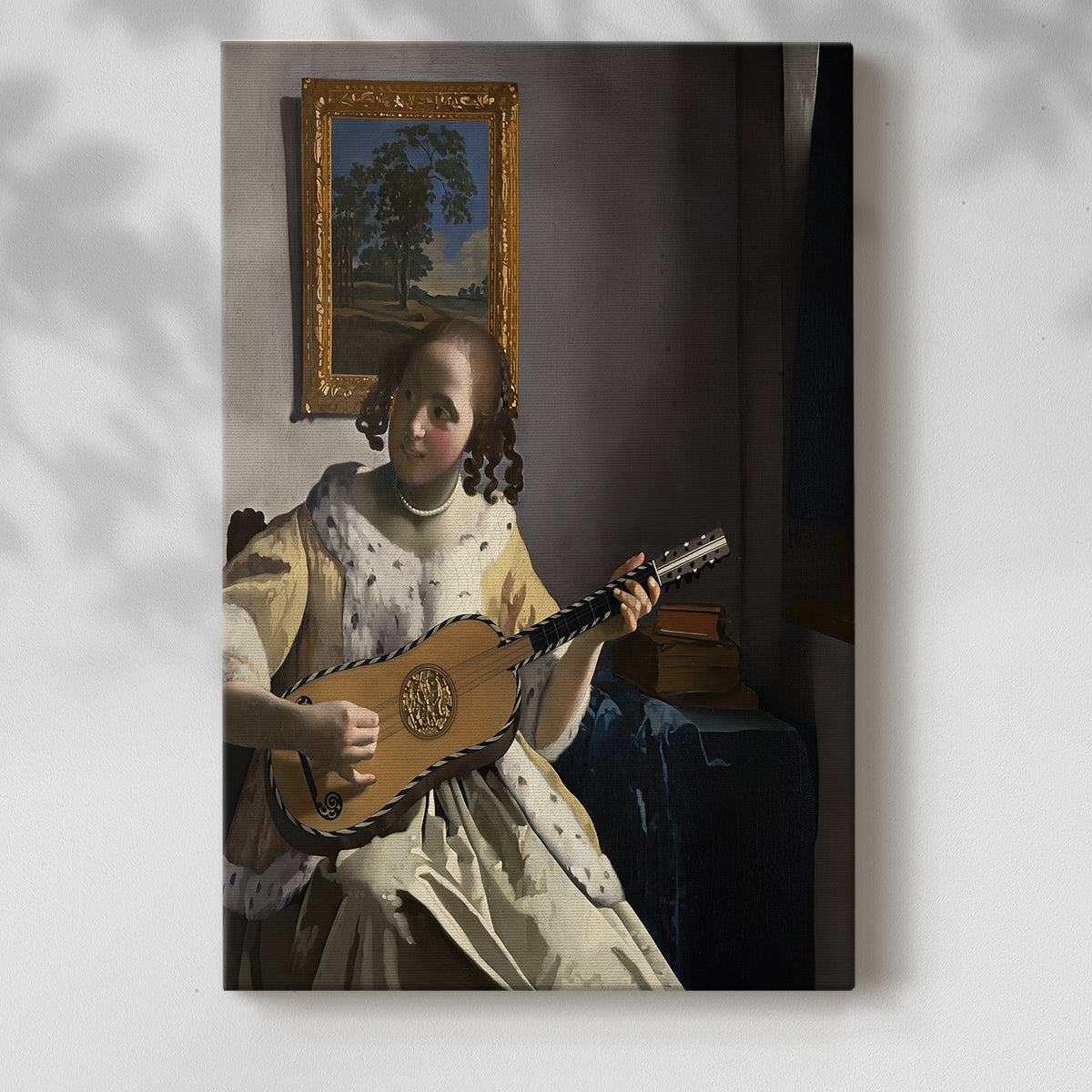 Canvas art print of a musical scene with figure and warm tones with a soft shadow on a white background.