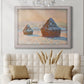Impressionist winter haystack scene by Claude Monet in an ornate weathered white frame displayed in a neutral-toned interior setting.