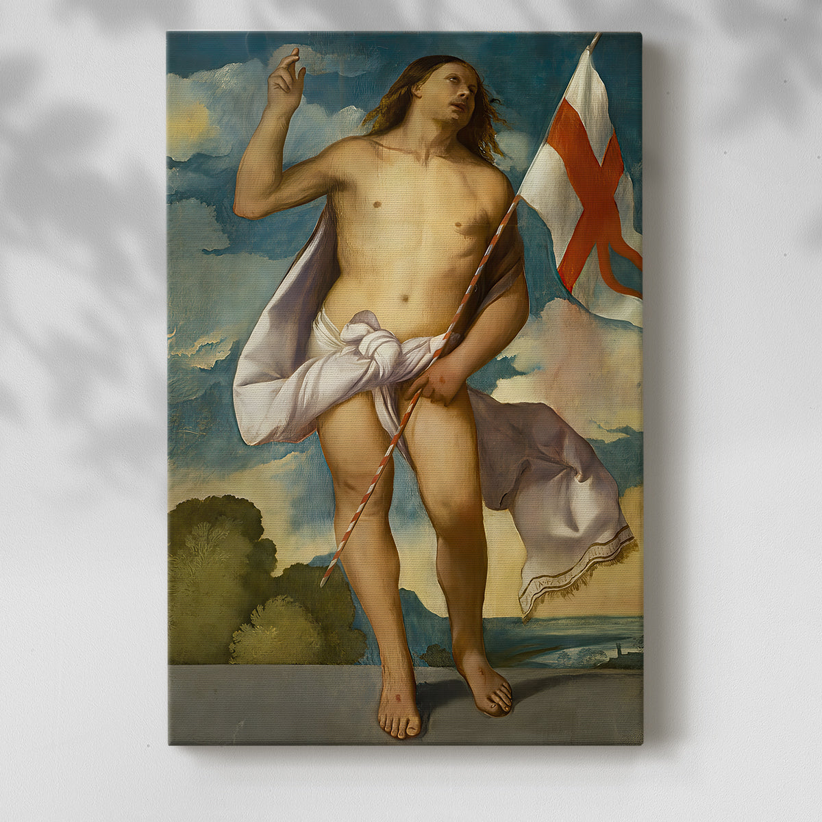 Canvas art print of a classical composition with figure and subtle contrast with a soft shadow on a white background.