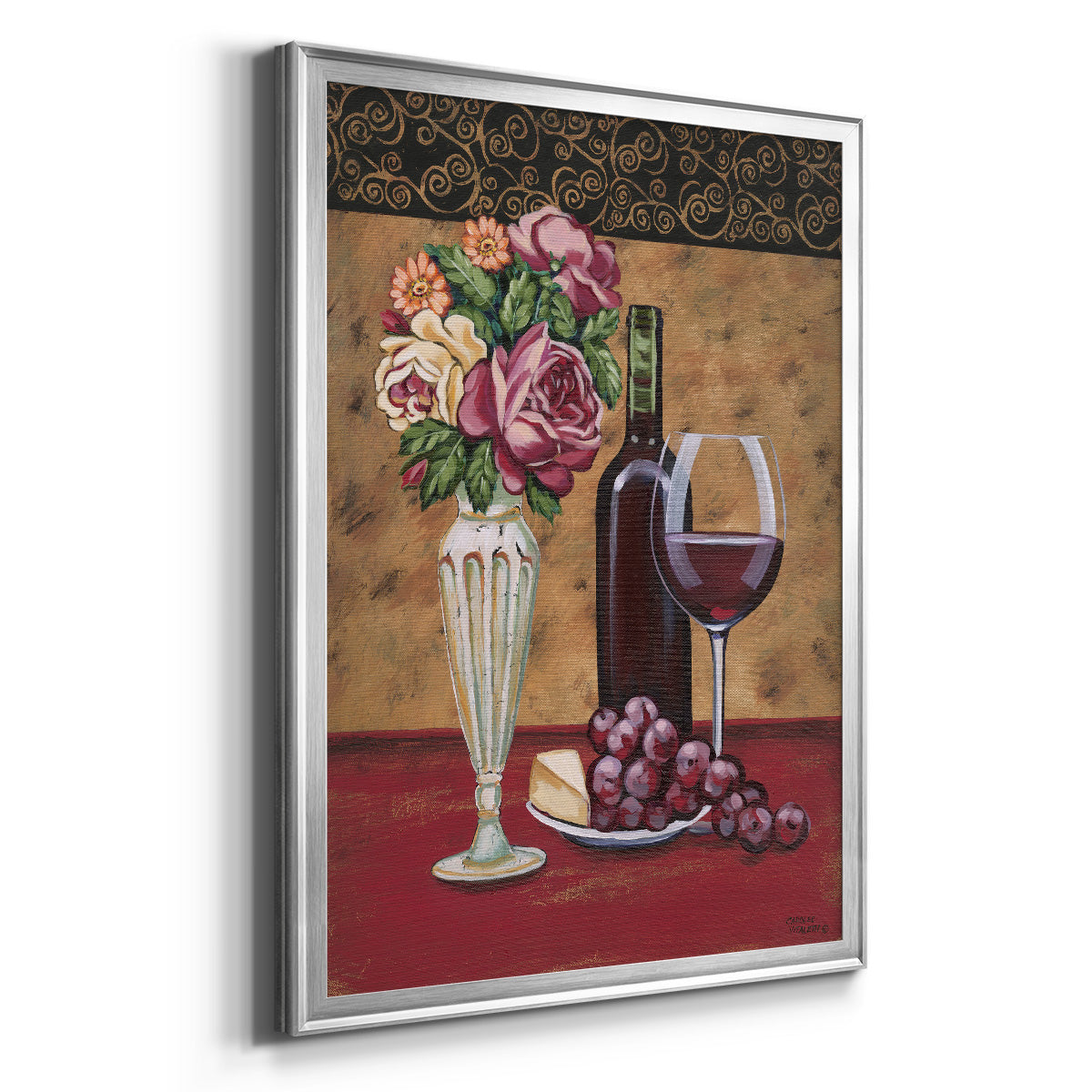Vintage Flowers and Wine I - Modern Framed Canvas Print