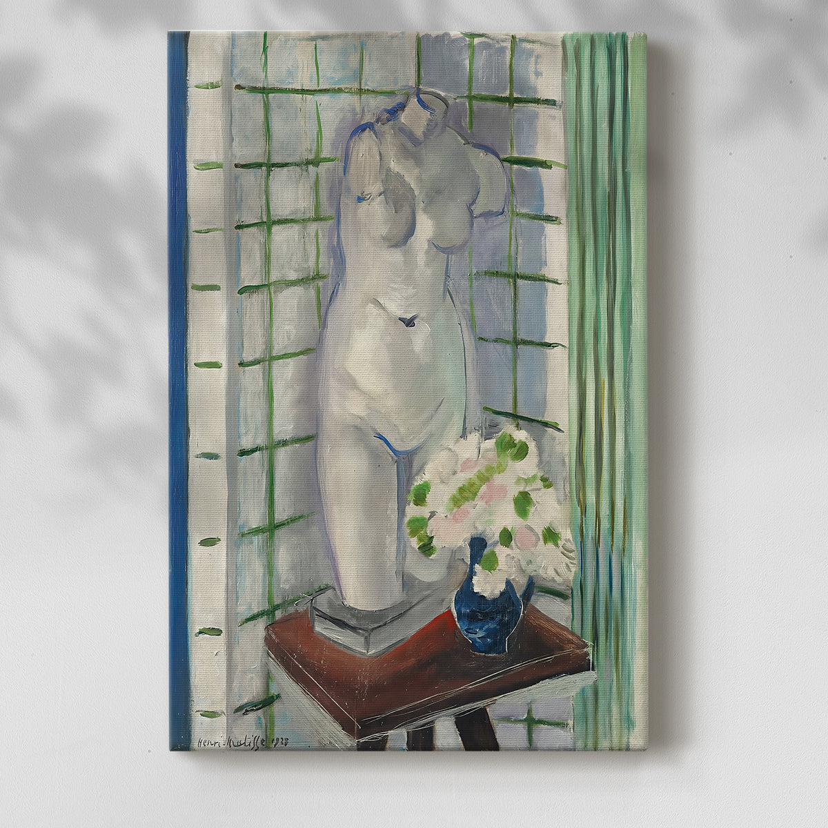 Canvas art print of a layered composition with sculpture and floral elements with a soft shadow on a white background.