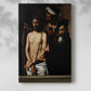 Canvas art print of a religious composition with figures in strong shadow and contrast with a soft shadow on a white background.