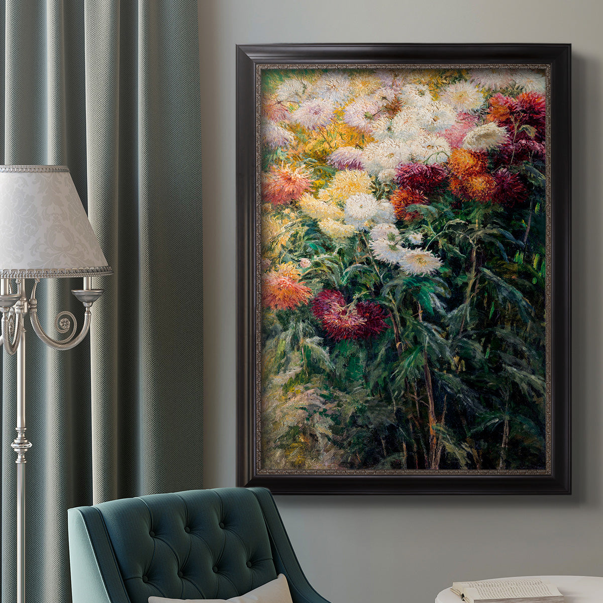 Impressionist garden floral painting by Gustave Caillebotte in an ornate black frame with gilded inner detail displayed in a neutral interior setting.