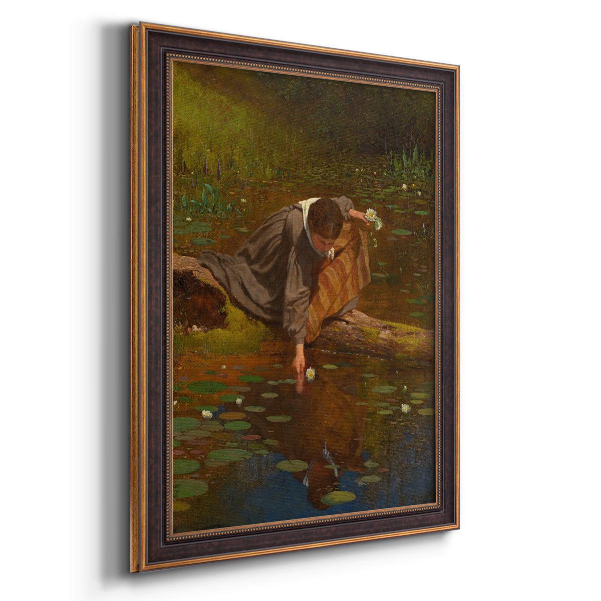 Realist genre painting of figures gathering lilies by Eastman Johnson printed on canvas in an ornate bronzed mahogany wood frame with a vertical orientation.