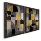 Angled view of a set of two black barnwood framed canvas prints featuring two structured modern abstracts featuring interlocking black gray cream and gold geometric sections.