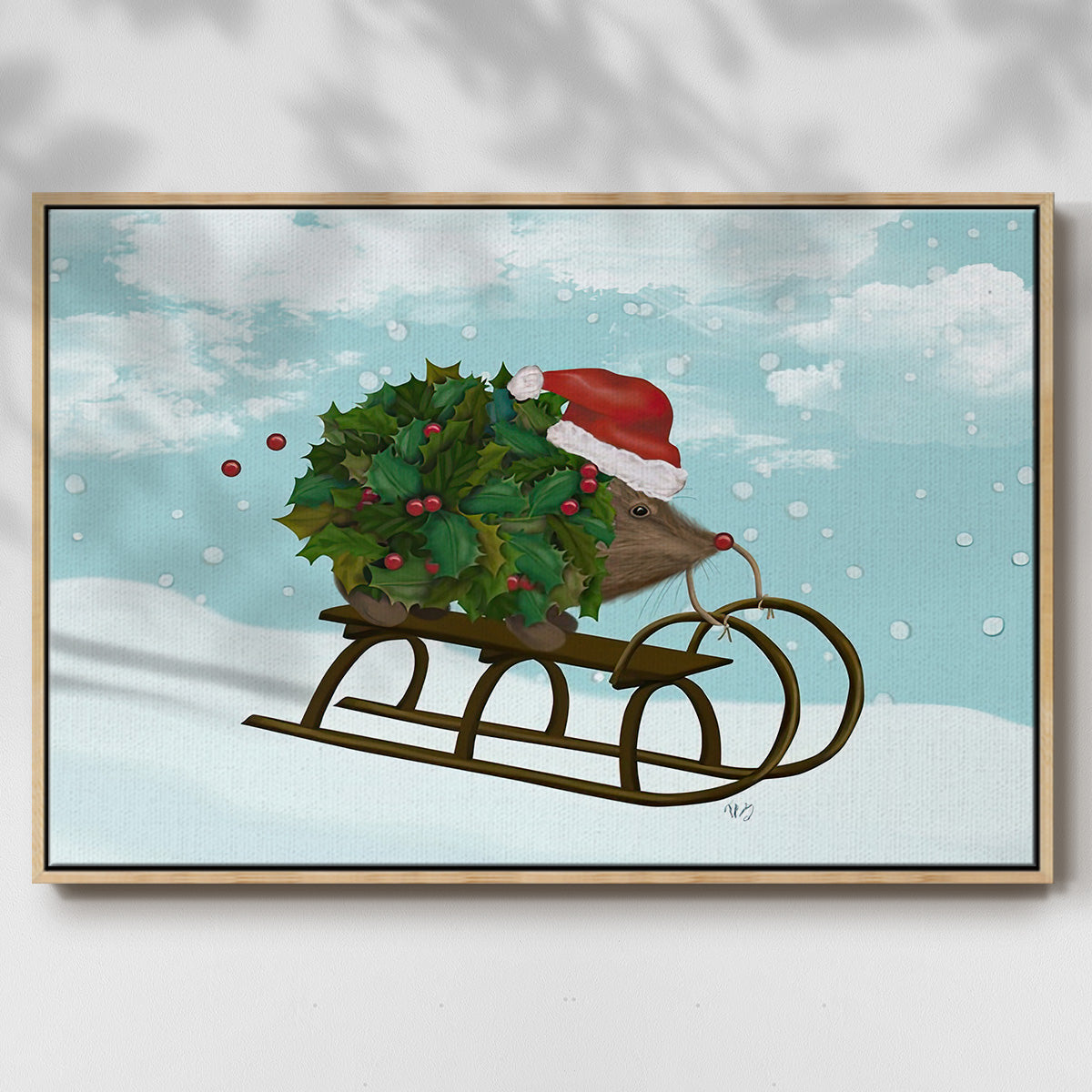 Christmas Holly Hedgehog Sledding - Framed Gallery Wrapped Canvas in Floating Frame