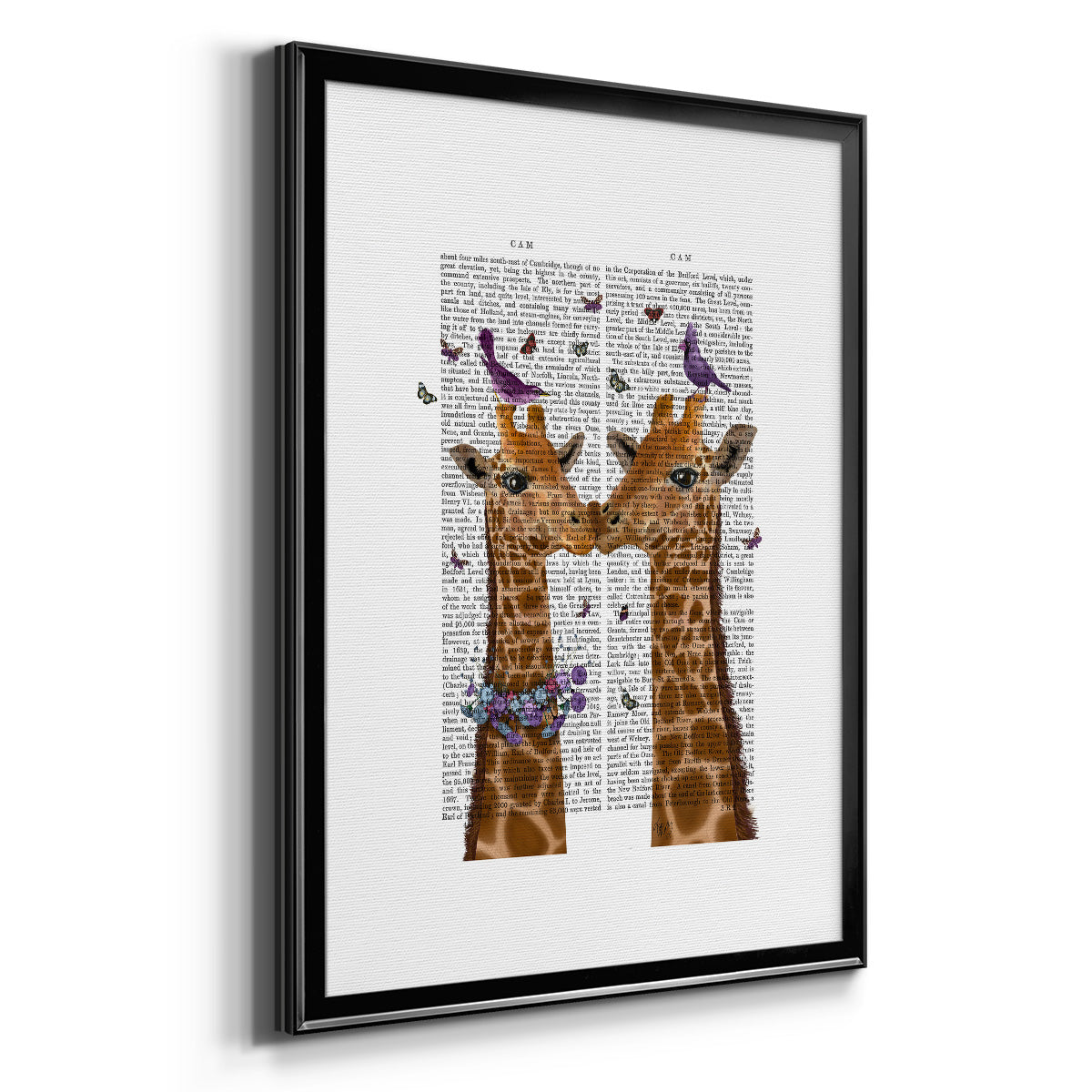 Kissing Giraffes with Birds - Modern Framed Canvas Print