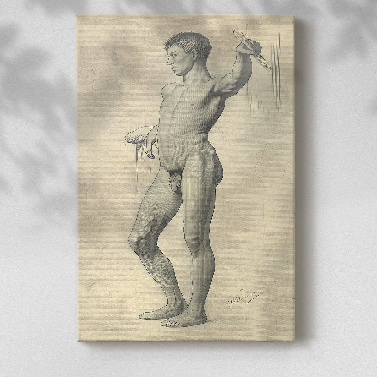 Canvas art print of a minimal sketch of a figure with balanced stance with a soft shadow on a white background.