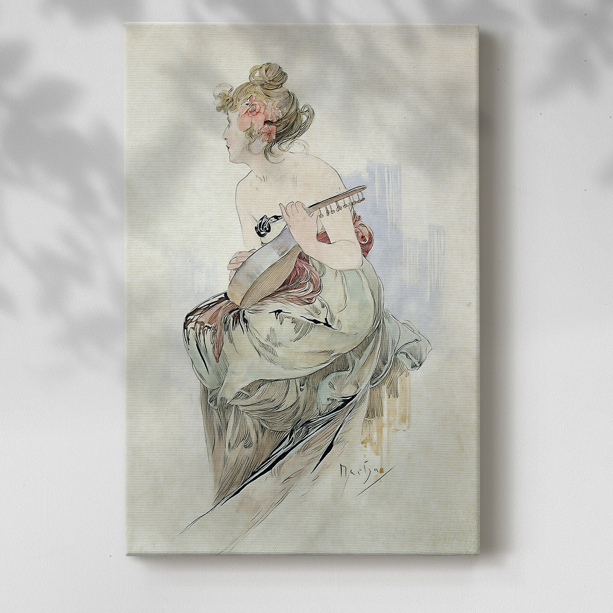 Canvas art print of a decorative portrait with intricate borders and soft pastel tones with a soft shadow on a white background.