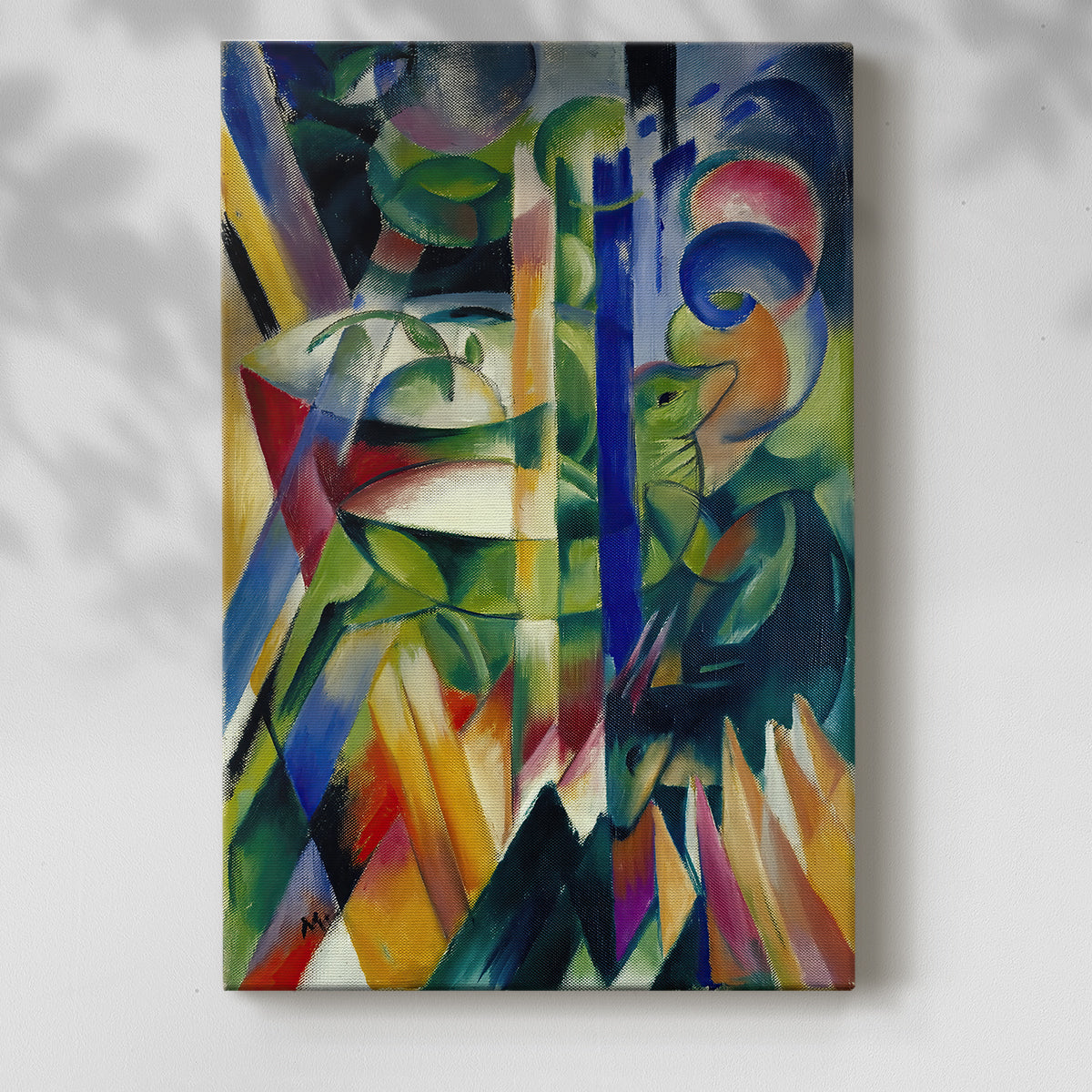 Canvas art print of a stylized animal composition with angular terrain with a soft shadow on a white background.