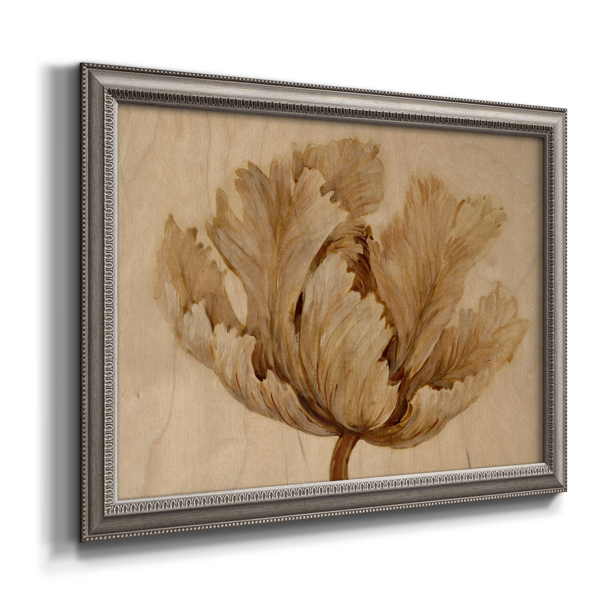 Minimalist sepia tulip botanical artwork printed on canvas in an ornate vintage silver frame.