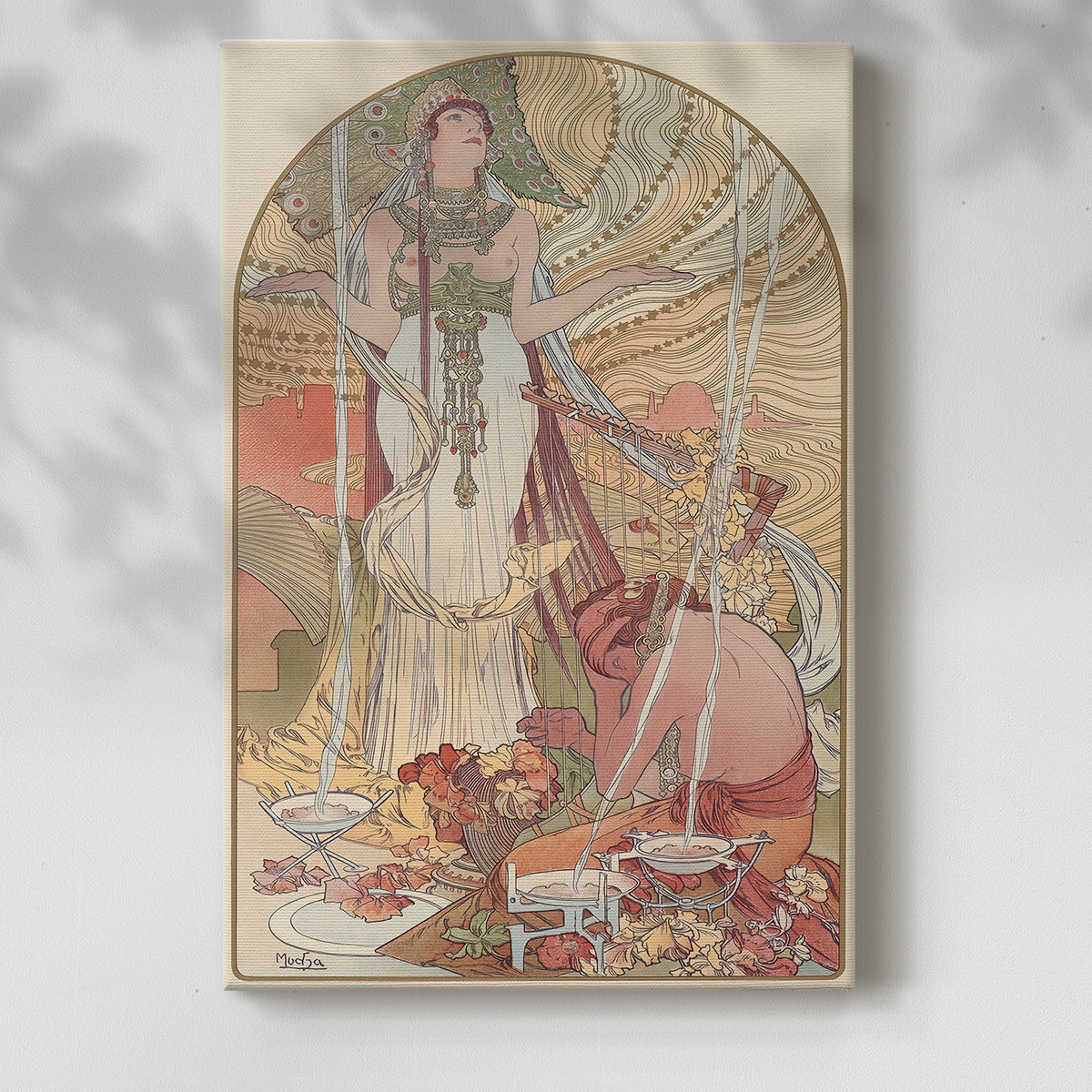 Canvas art print of a symbolic figure surrounded by decorative patterns and flowing lines with a soft shadow on a white background.