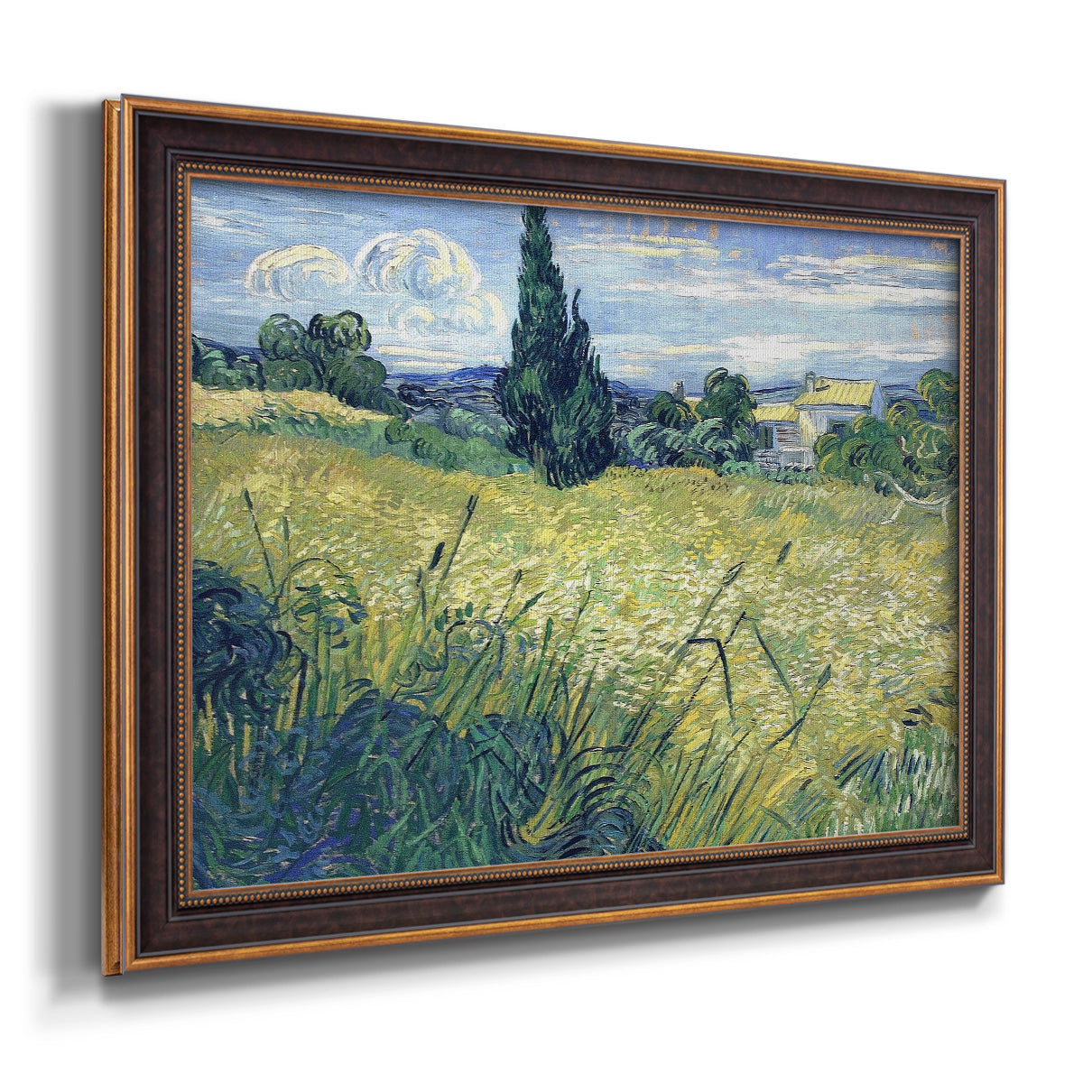 Green Wheat Field with Cypress - Ornate Framed Canvas Print
