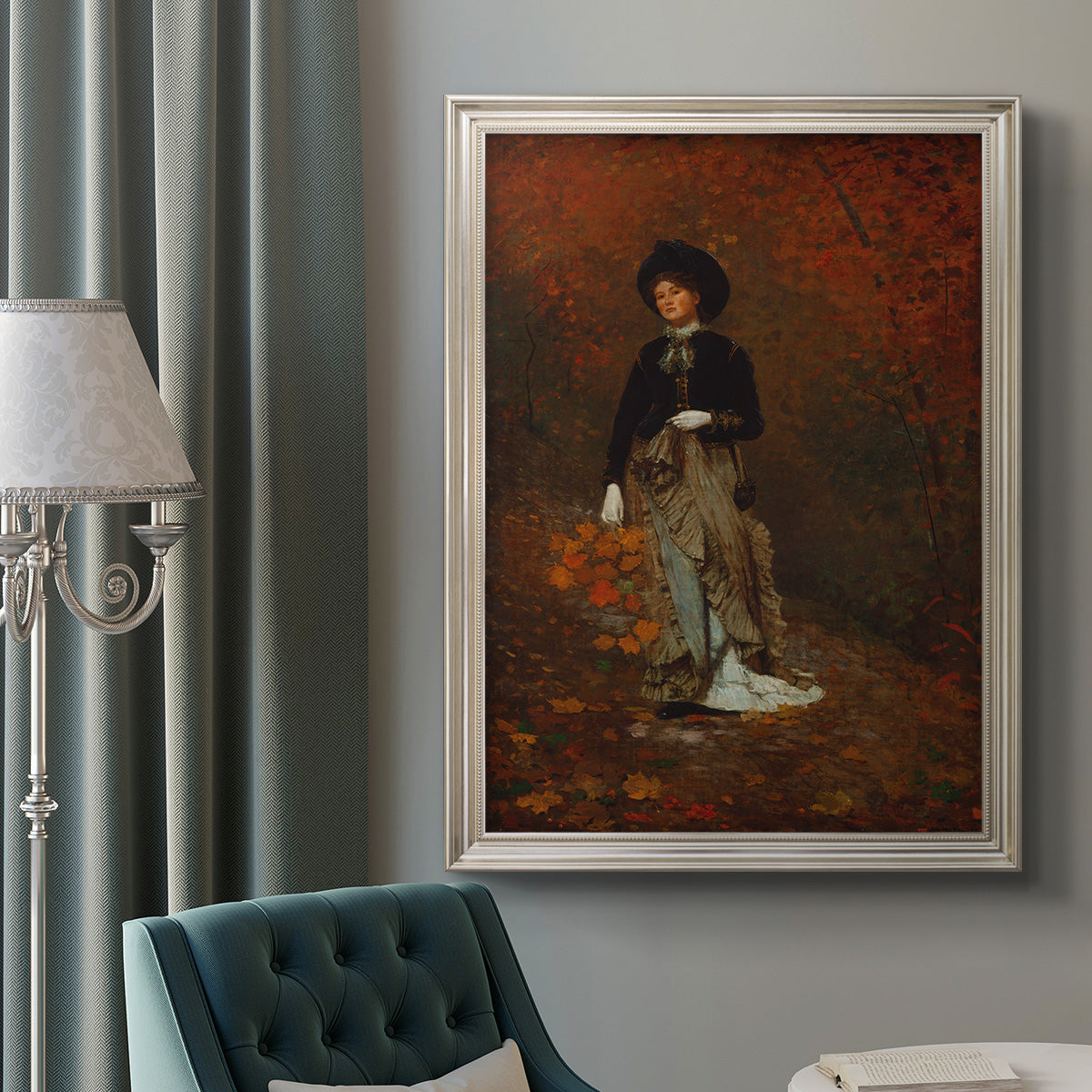 Realist autumn portrait scene by Winslow Homer in an ornate champagne frame displayed in a neutral interior setting.
