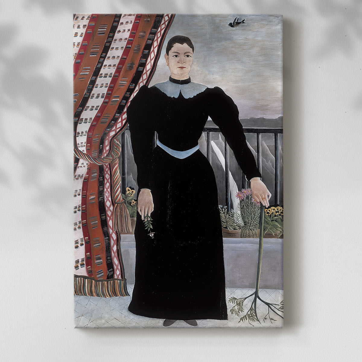 Canvas art print of a stylized female figure with minimal detail and flat tones with a soft shadow on a white background.