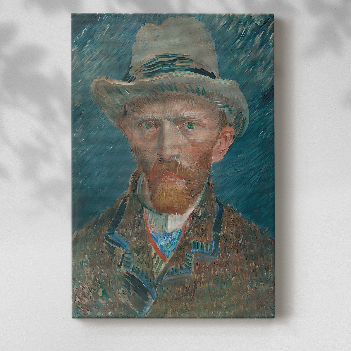 Canvas art print of a stylized figure with subtle color shifts and detailed strokes with a soft shadow on a white background.