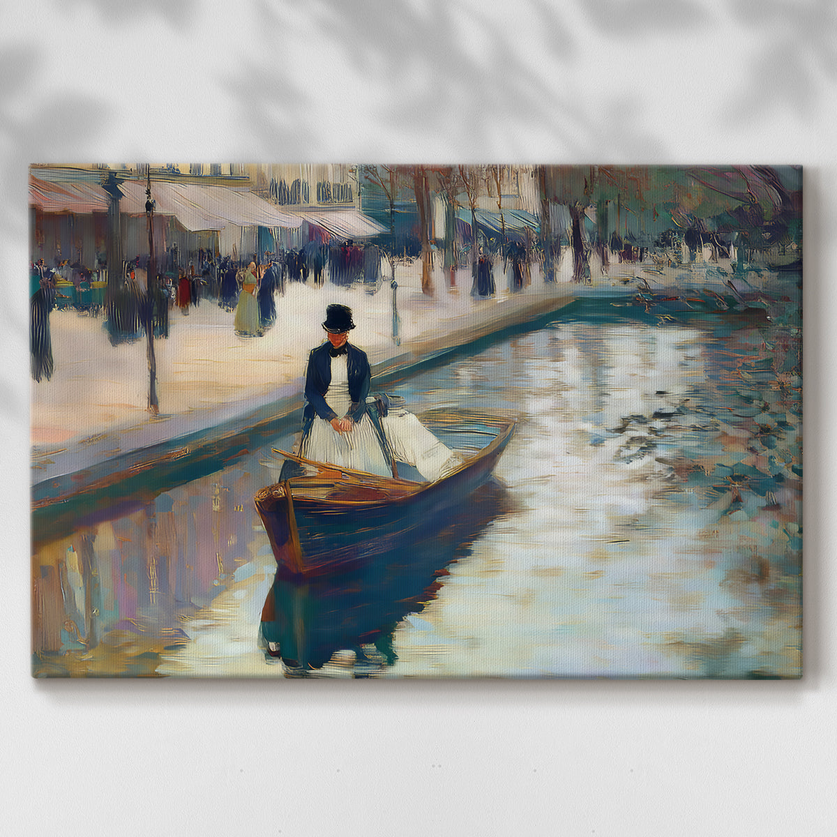 boat,canal,water,afternoon,person,urban,architecture,reflection,pedestrians,attire,serene,scenic,leisurely,transportation,nature,environment,city,travel,lifestyle,elegance,calm,couple,rowing,tranquility,park,historic,promenade,shadow,colors,beauty,art,picturesque,vintage,cultural,tradition,views,scenery,leisure,heritage,stroll,experience,charm,activity