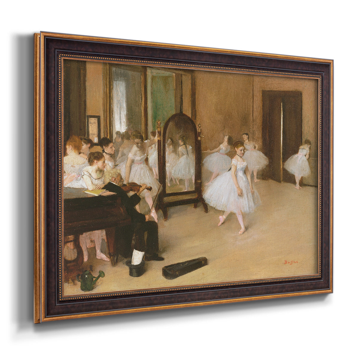Impressionist dance class interior scene by Edgar Degas printed on canvas in an ornate bronzed mahogany wood frame.