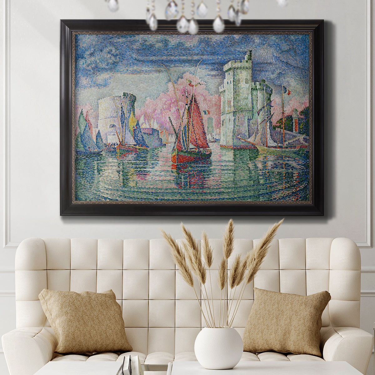 Impressionist harbor scene by Paul Signac in an ornate black frame with gilded inner detail displayed in a neutral-toned interior setting.