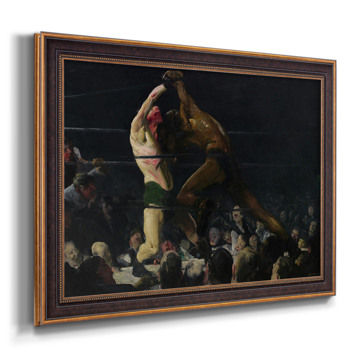 American genre painting of men in a social club by George Bellows printed on canvas in an ornate bronzed mahogany wood frame.