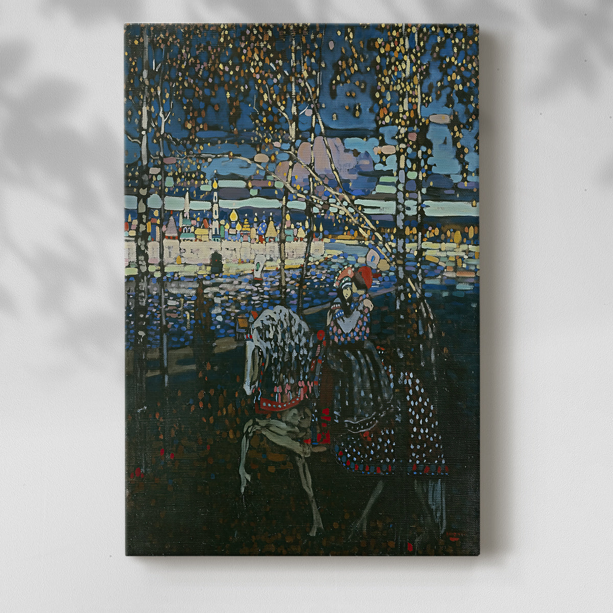 Canvas art print of a stylized composition with figures and gentle movement with a soft shadow on a white background.