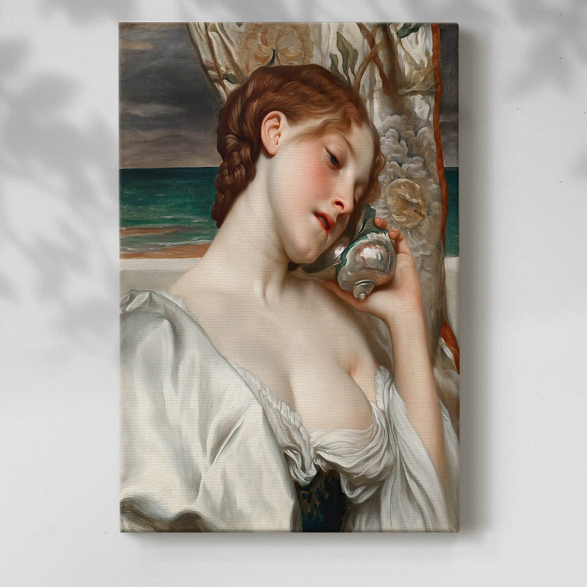 Canvas art print of a coastal figure with soft tones and reflective mood with a soft shadow on a white background.