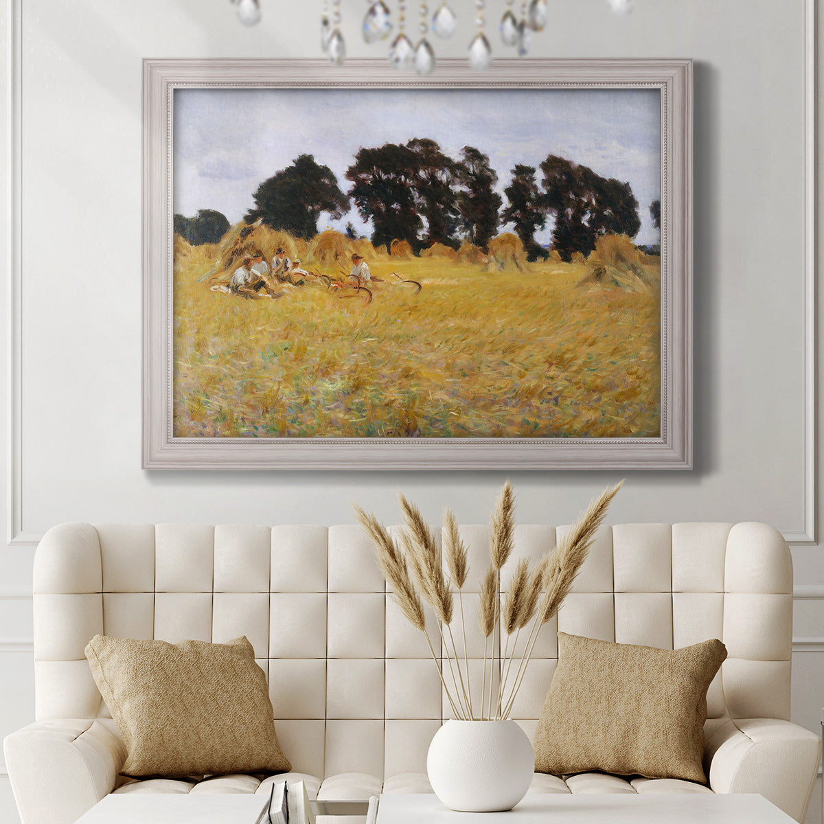 Impressionist rural harvest scene by John Singer Sargent in an ornate weathered white frame displayed in a neutral-toned interior setting.