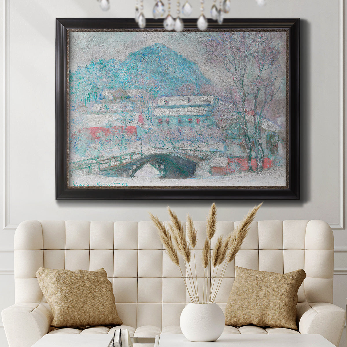 Impressionist coastal village landscape in Norway by Claude Monet in an ornate black frame with gilded inner detail displayed in a neutral-toned interior setting.