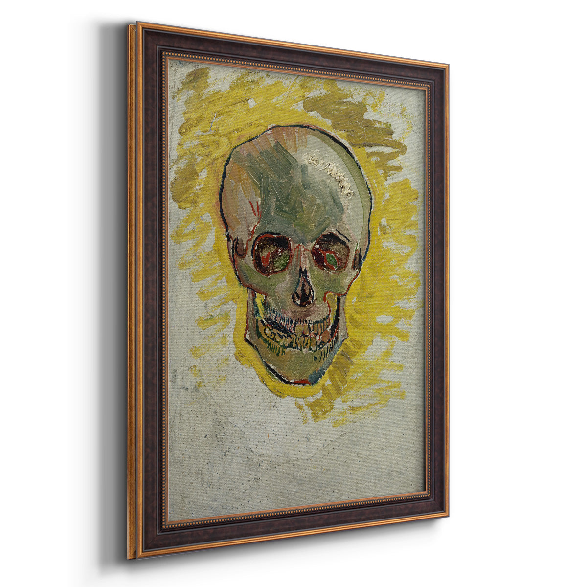 Expressive skull study painting by Vincent van Gogh printed on canvas in an ornate bronzed mahogany wood frame with a vertical orientation.