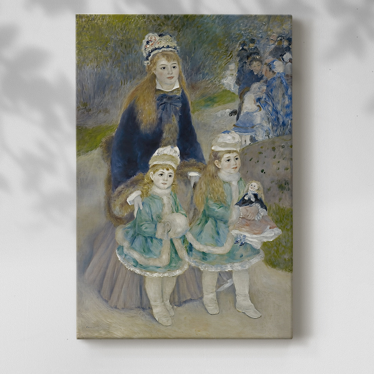 Canvas art print of a family group walking together in soft natural light with a soft shadow on a white background.