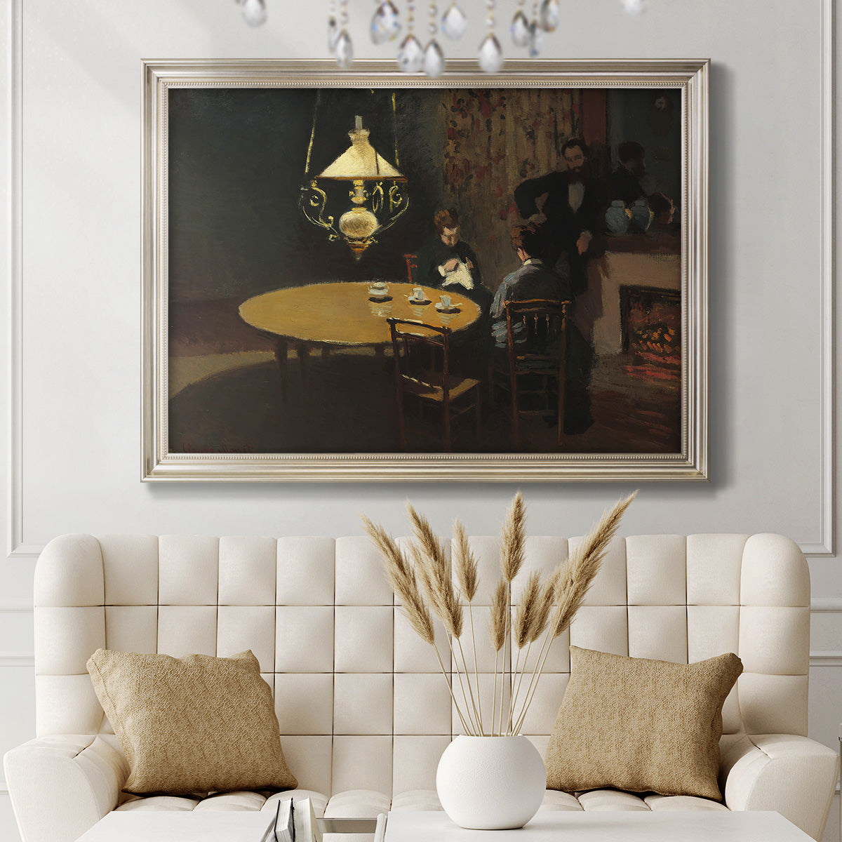 Impressionist domestic interior scene by Claude Monet in an ornate champagne frame displayed in a neutral-toned interior setting.