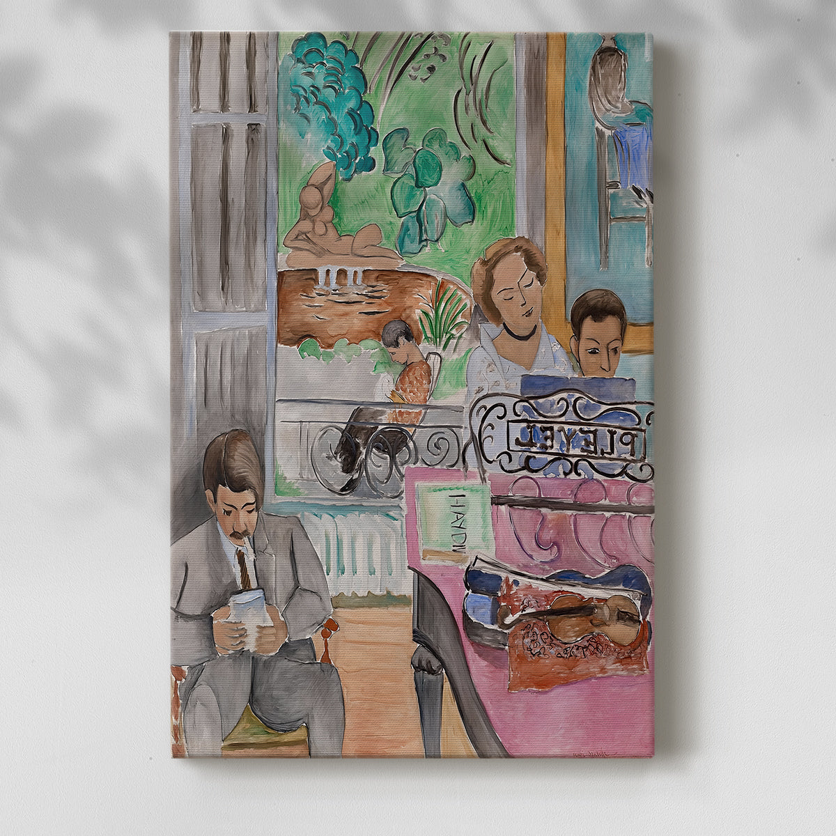 Canvas art print of a stylized room with figures and bold decorative elements with a soft shadow on a white background.