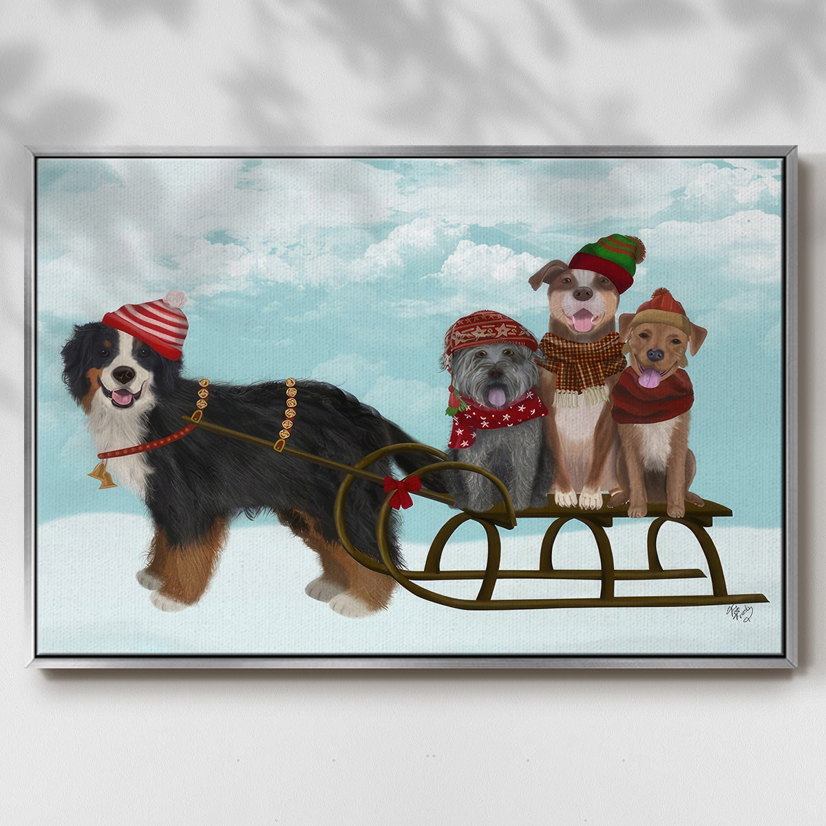 Christmas Mutt Sled - Floater Framed Canvas Print