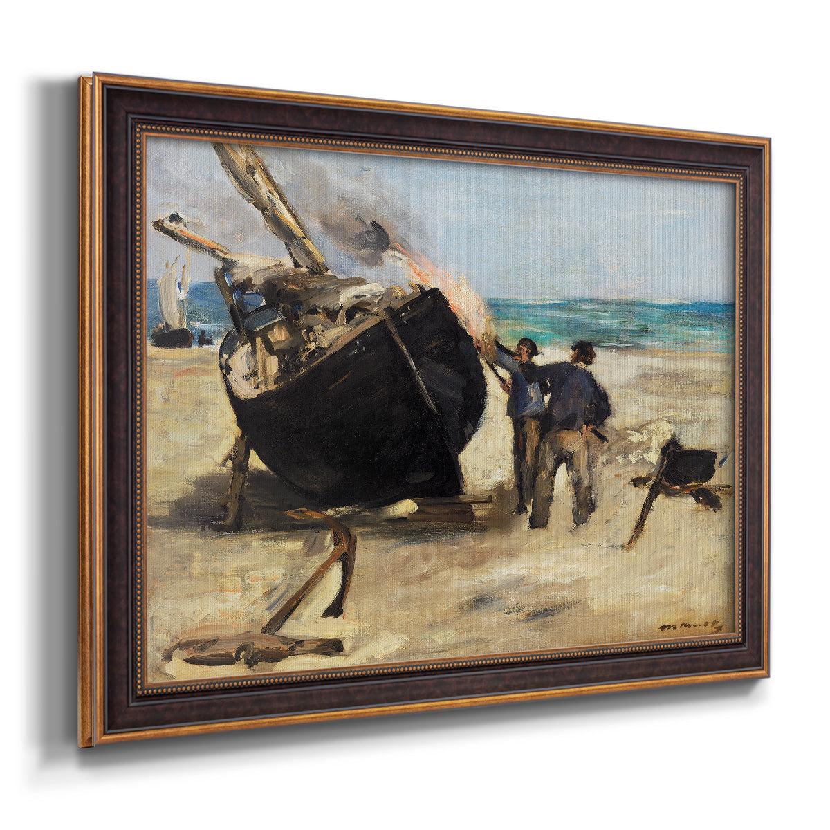 Impressionist nautical work scene by Édouard Manet printed on canvas in an ornate bronzed mahogany wood frame.
