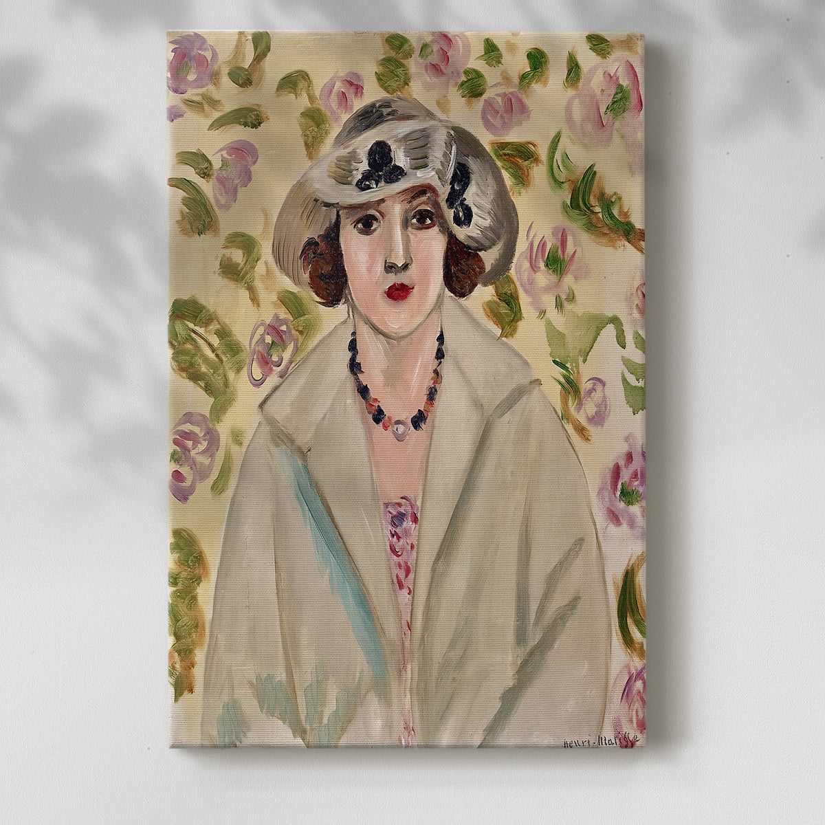 Canvas art print of a stylized figure with light tones and simple background with a soft shadow on a white background.