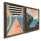 Angled view of a set of two walnut barnwood framed canvas prints featuring two retro graphic abstracts featuring bold geometric Memphis-style patterns.