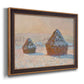 Impressionist winter haystack scene by Claude Monet printed on canvas in an ornate bronzed mahogany wood frame.