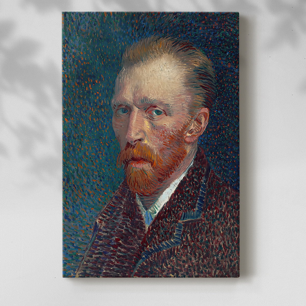 Canvas art print of a vivid figure with strong color contrast and visible strokes with a soft shadow on a white background.
