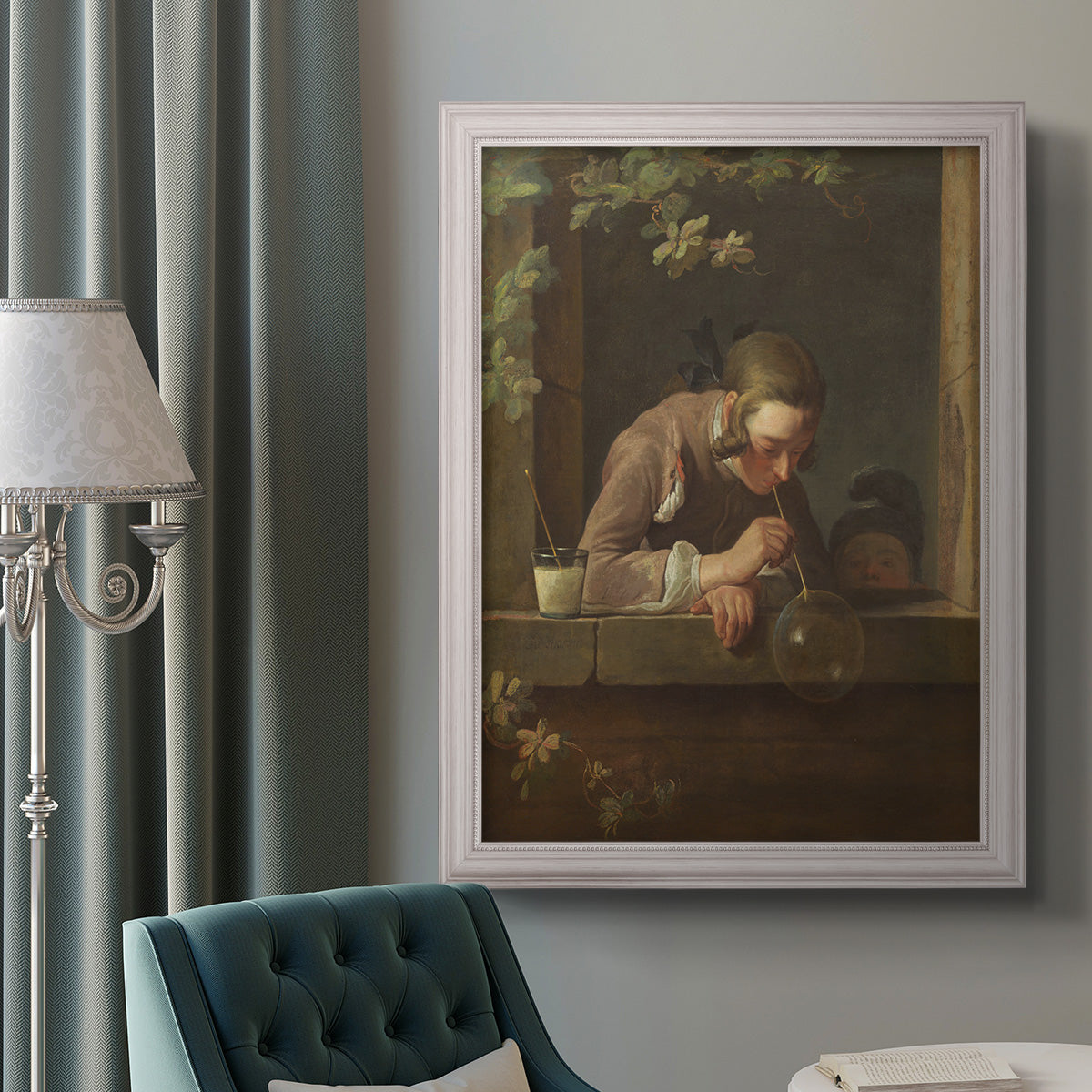 Classical genre painting of a child blowing soap bubbles by Jean-Siméon Chardin in an ornate weathered white frame displayed in a neutral interior setting.