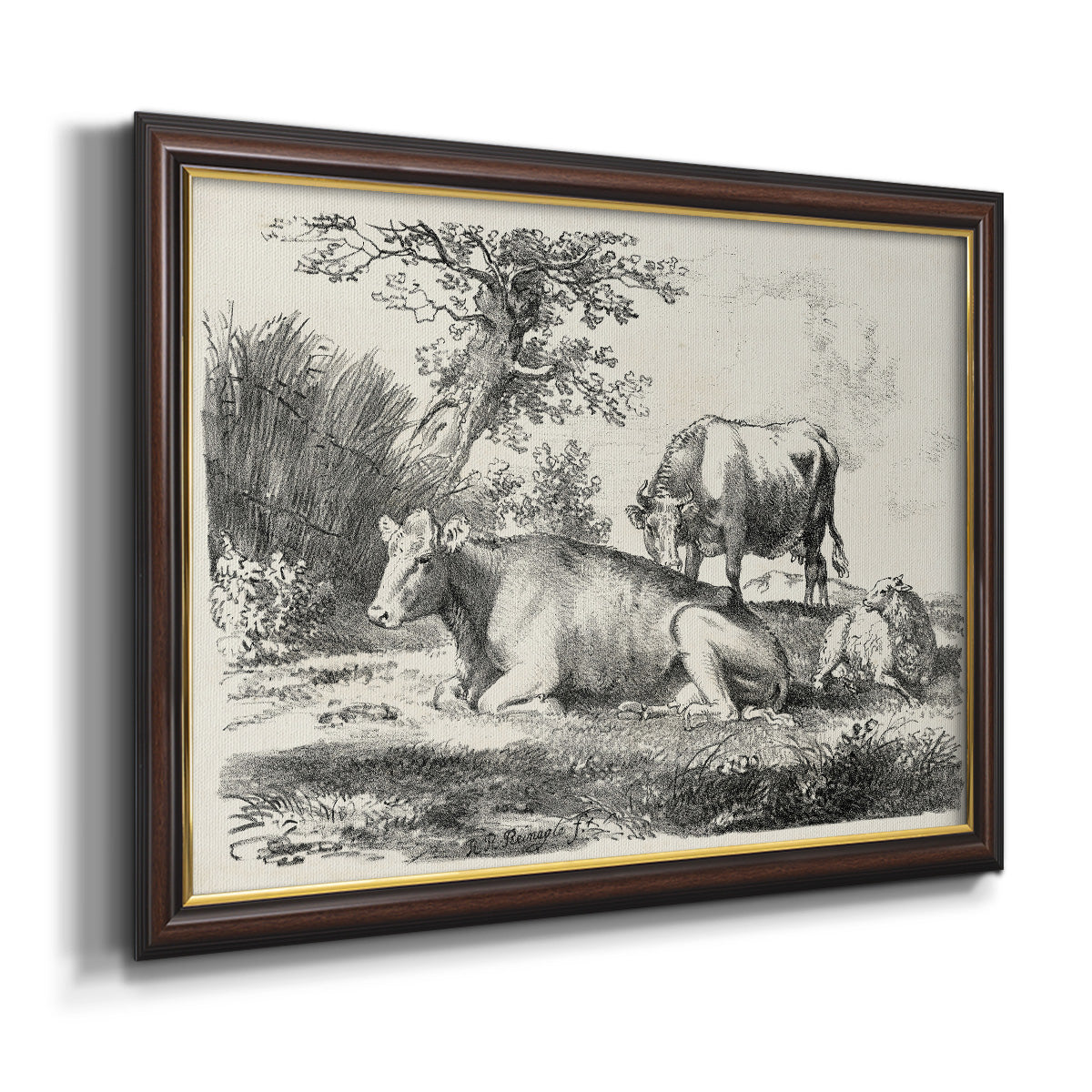 Classical pastoral landscape artwork by Nicolas Berchem printed on canvas in an ornate mahogany wood frame with gold liner.