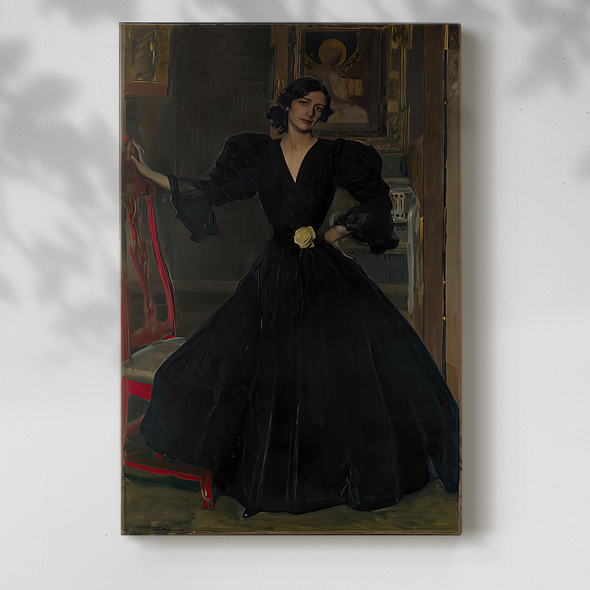 Canvas art print of a refined figure with dark tones and soft highlights with a soft shadow on a white background.